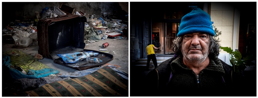 On the left: an abandoned suitcase with clothes left for homeless people to take. Of the image on the right, the photographer, Matina Pashali, says: 
