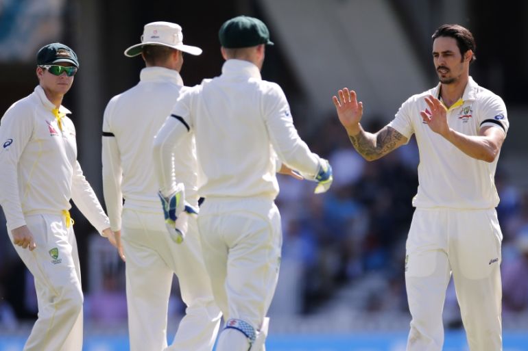 Australia''s Mitchell Johnson celebrates the wicket of England''s Moeen Ali