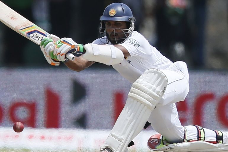 Sri Lanka''s Chandimal plays a shot during the third day of their first test cricket match against India in Galle