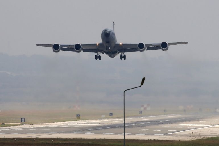 A Turkish Air Force cargo plane takes off from the Incirlik Air Base, in the outskirts of the city of Adana, southern Turkey, Thursday, July 30, 2015. After months of reluctanc