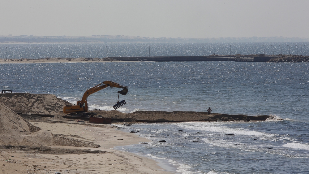 Works being done on the Egyptian coastline of the Mediterranean Sea, viewed from the Gaza side [EPA]