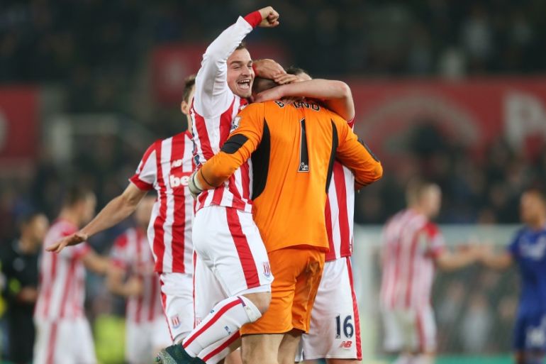 Stoke''s Xherdan Shaqiri celebrates with Jack Butland after winning the penalty shootout