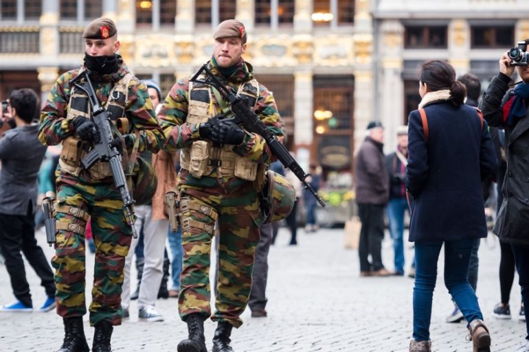 Belgian Army soldiers patrol in the picturesque Grand Place