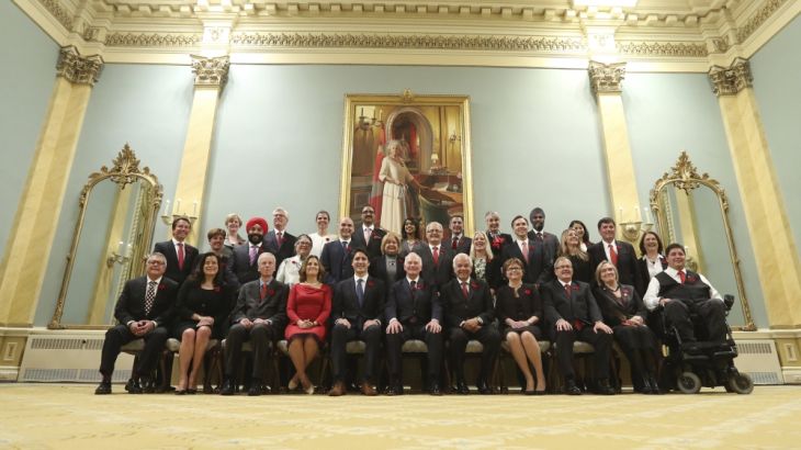 Canada''s new PM Trudeau poses with his cabinet after their swearing-in ceremony at Rideau Hall in Ottawa