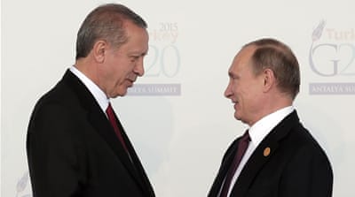 Erdogan, left, and Putin's last personal contact was at the G-20 summit in Antalya, in November 2015 [AP]