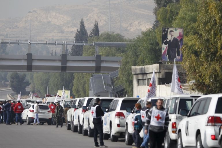 A convoy consisting of Red Cross, Red Crescent and United Nation (UN) gather before heading towards to Madaya from Damascus, and to al Foua and Kefraya in Idlib province, Syria