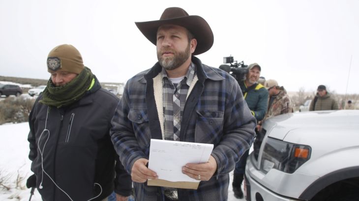 File photo of Ammon Bundy arriving to address the media at the Malheur National Wildlife Refuge near Burns Oregon