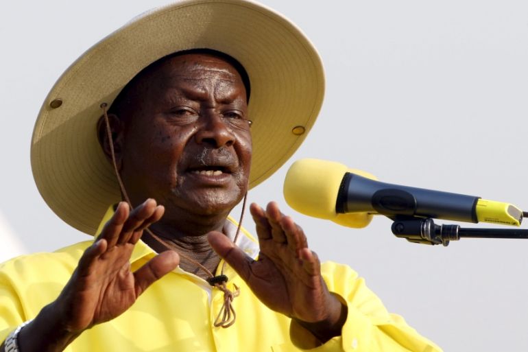 Uganda''s President and ruling party National Resistance Movement presidential candidate Museveni gestures during campaign rally in capital Kampala