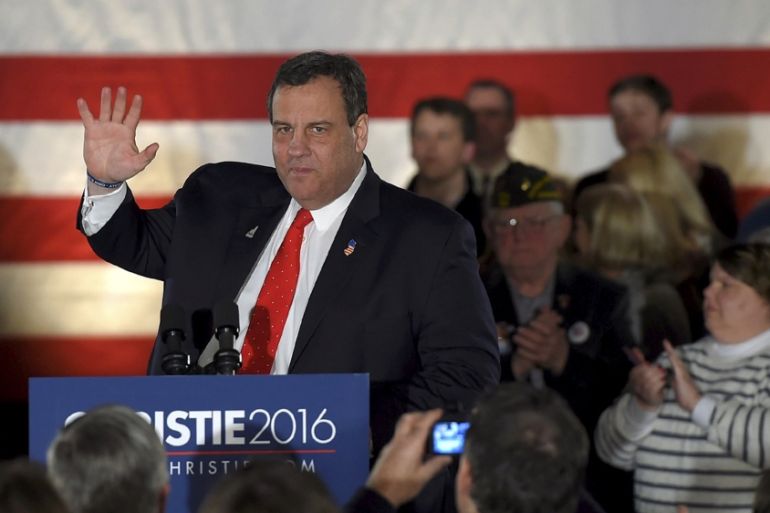 File photo of U.S. Republican presidential candidate and New Jersey Governor Chris Christie addressing the crowd at a primary election night party in Nashua
