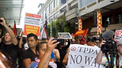 Demonstrators protest Trans-Pacific partnership in Auckland, New Zealand, February 2016 [Caitlin McGee/Al Jazeera]