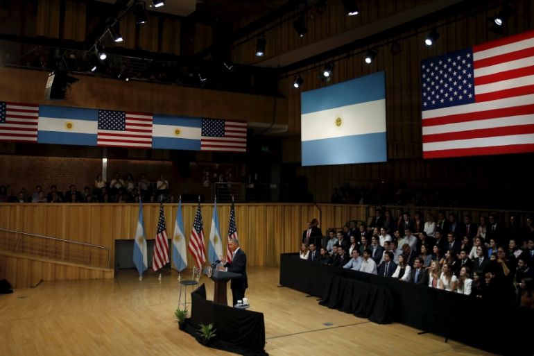 U.S. President Barack Obama attends a town hall meeting with entrepreneurs as part of Obama''s two-day visit to Argentina, in Buenos Aires