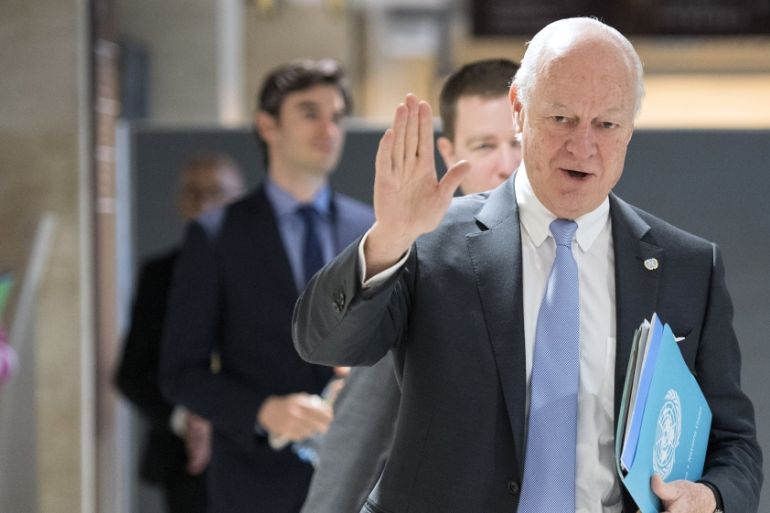 U.N. Special Envoy of the Secretary-General for Syria Staffan de Mistura gestures prior a round of negotiations between the Syria''s regime-tolerated opposition and the U.N., at the European headquarte