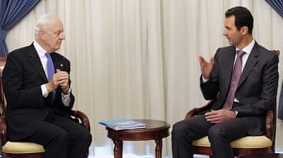 Syrian President Bashar Assad with United Nations envoy to Syria Staffan de Mistura in Damascus [AP]