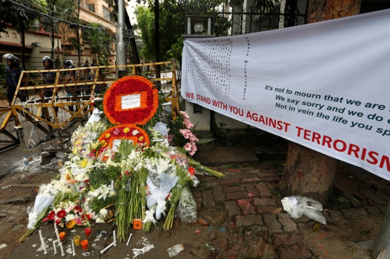 Wreaths and flowers, offered by people to pay tribute to the victims of the attack on the Holey Artisan Bakery and the O''Kitchen Restaurant, in Dhaka