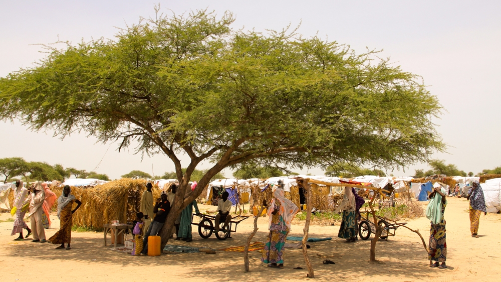 Displaced Nigerians seek some shade in Assaga settlement. During the dry season, temperatures climb up to 48C [Lucas Destrijcker/Al Jazeera]  