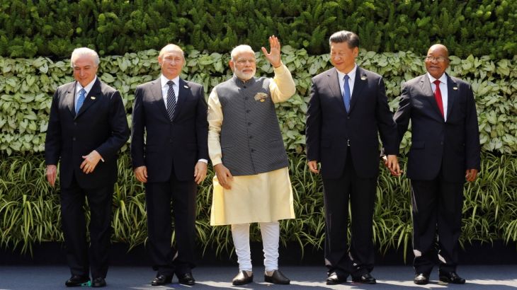 Brazil''s President Michel Temer, Russian President Vladimir Putin, Indian Prime Minister Narendra Modi, Chinese President Xi Jinping and South African President Jacob Zuma pose for a