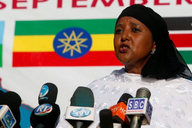 Kenyan Foreign Affairs Cabinet Secretary Amina Mohamed addresses a news conference after attending the Intergovernmental Authority on Development summit in Somalia''s capital Mogadishu