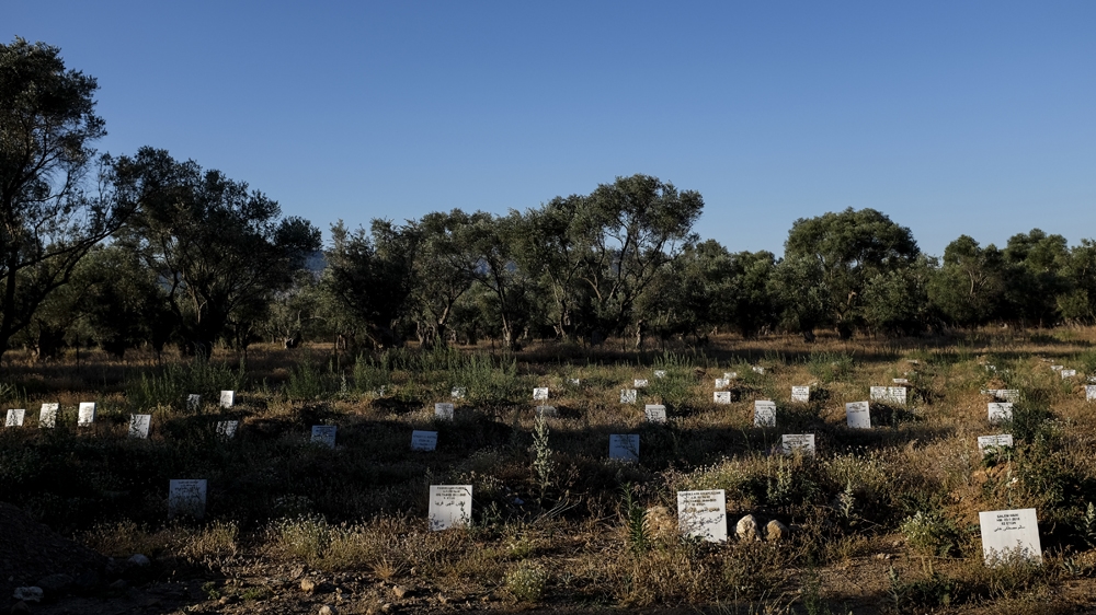 The cemetery in Kato Tritos, where 90 refugees are now buried. In November 2015, the mayor of Lesbos, Spyros Galinos, announced that the island had run out of space to bury the dead. St Panteleimon - the only cemetery in Mytilini - had reached maximum capacity. A new plot of land in Kato Trittos, only a few kilometres from the centre of Mytilini, was established as the new cemetery for refugees who die during the sea crossing from Turkey to Greece [Fahrinisa Oswald/Al Jazeera]