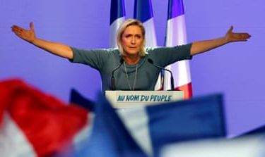 Marine Le Pen, French National Front (FN) political party leader, gestures during an FN political rally in Frejus