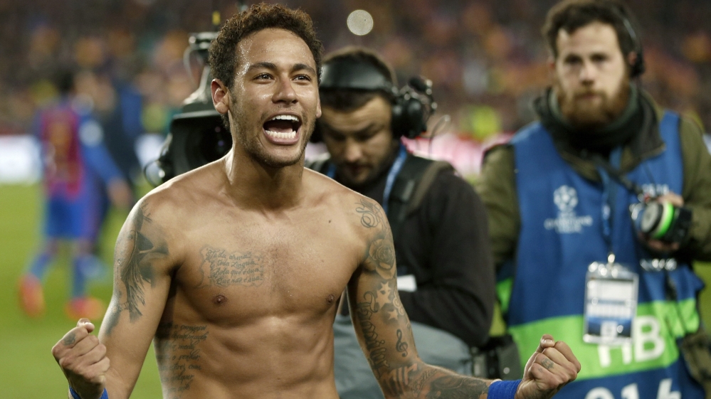 Barcelona's striker Neymar Jr. celebrated the 6-1 at Camp Nou stadium [EPA]