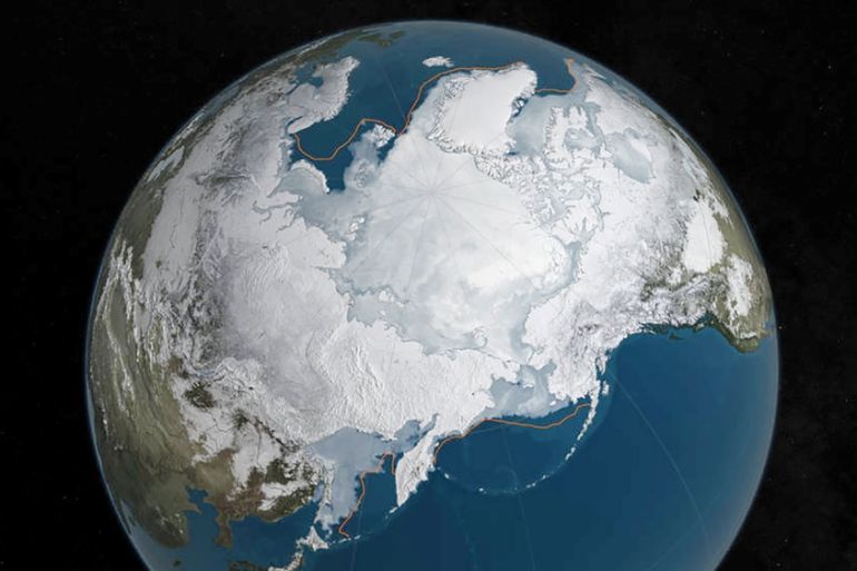 FILE PHOTO: An undated NASA illustration shows Arctic sea ice at a record low wintertime maximum extent