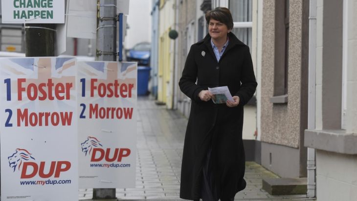 Foster, leader of the DUP walks towards a polling station in the Northern Ireland Assembly elections in Brookeborough in Northern Ireland