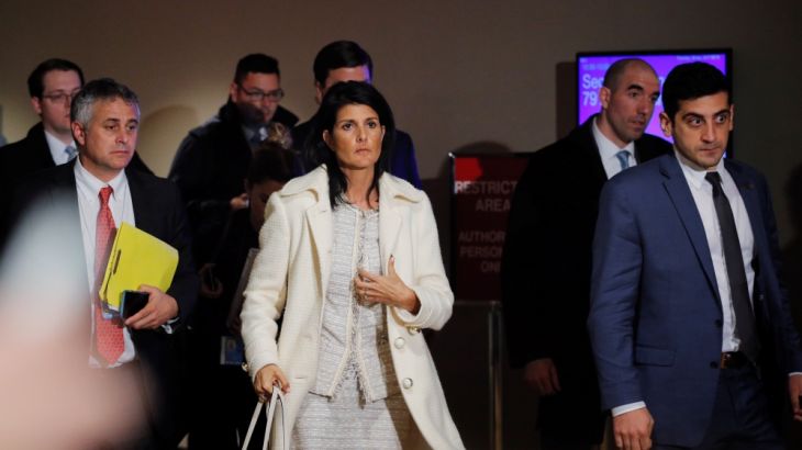U.S. Ambassador to the United Nations, Nikki Haley, departs after U.N. Security Council consultations regarding a deadly gas attack in Syria at U.N. headquarters in New York