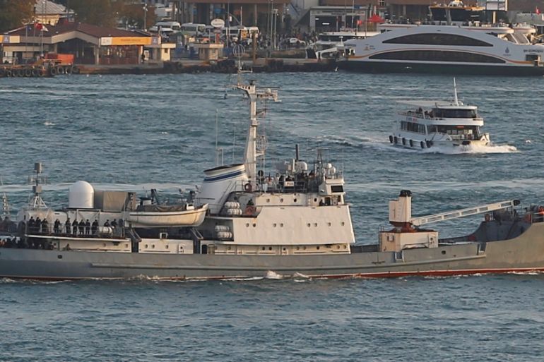 FILE PHOTO: Russian Navy''s reconnaissance ship Liman of the Black Sea fleet sails in the Bosphorus, on its way to the Mediterranean Sea, in Istanbul