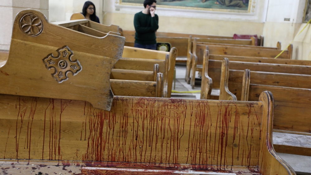 The aftermath of an explosion that took place at the Coptic church in Tanta [Mohamed Abd El Ghany/Reuters]