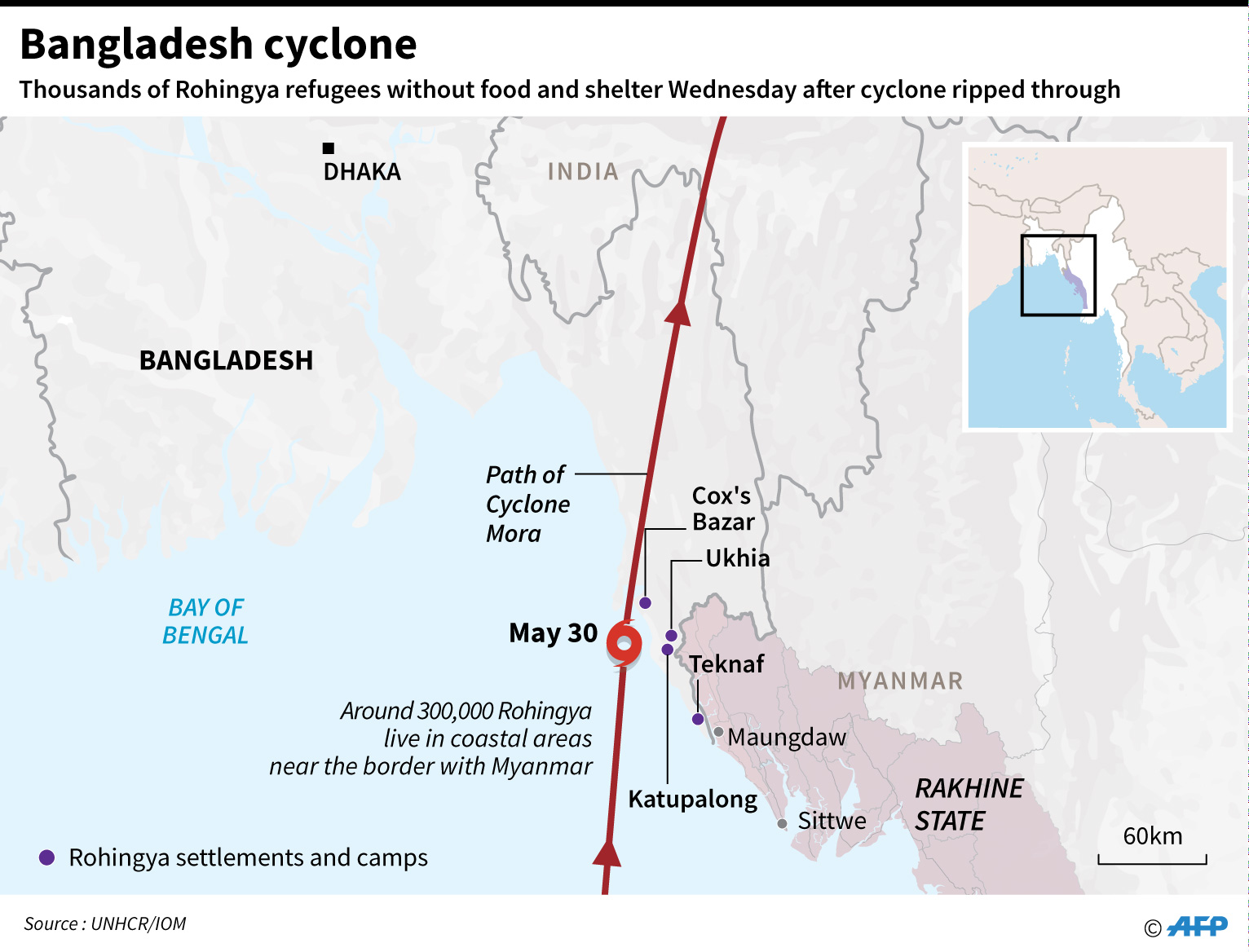 Path of Cyclone Mora through Rohingya refugee camps [AFP]