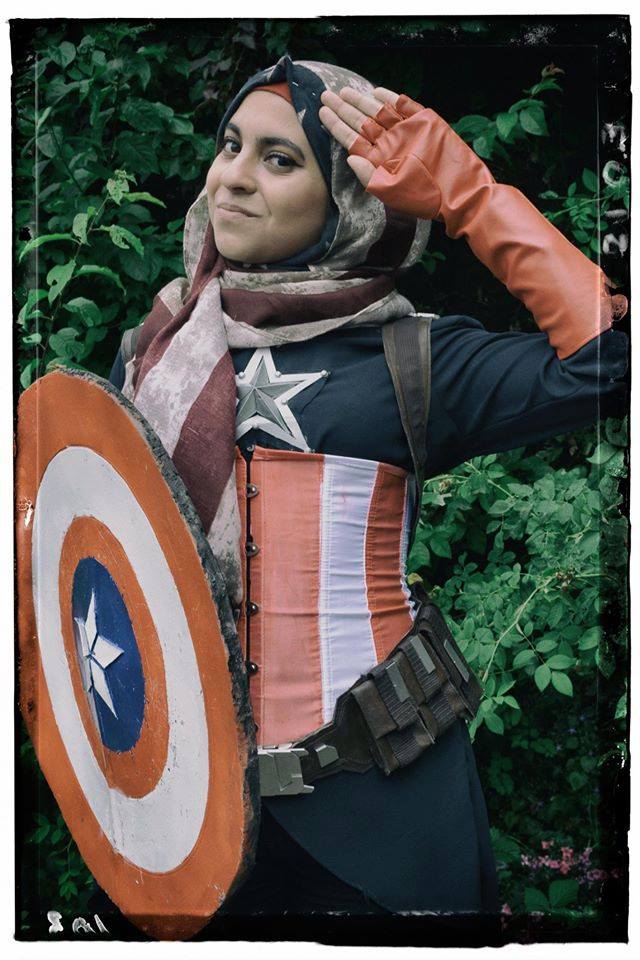 Hijabi Hooligan's interpretation of Captain America with its American flag print hijab ignited social media. [Courtesy of Transwarp Photography]