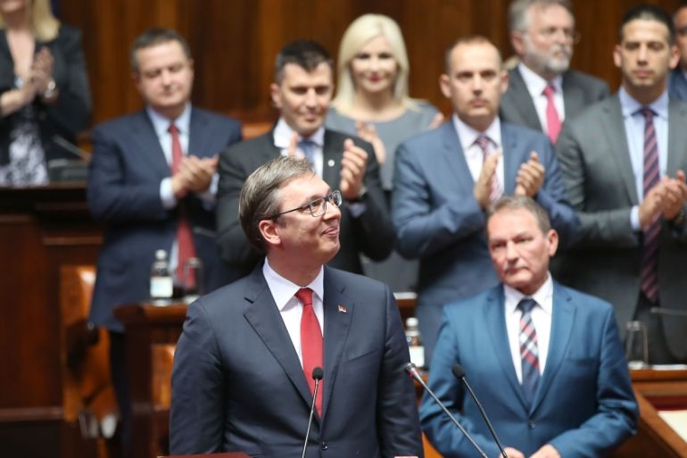 Newly elected Serbian President Aleksandar Vucic after the swearing-in ceremony at the parliament building in Belgrade