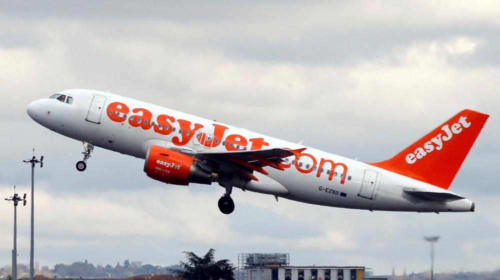 An EasyJet passenger aircraft makes its final approach for landing in Colomiers near Toulouse