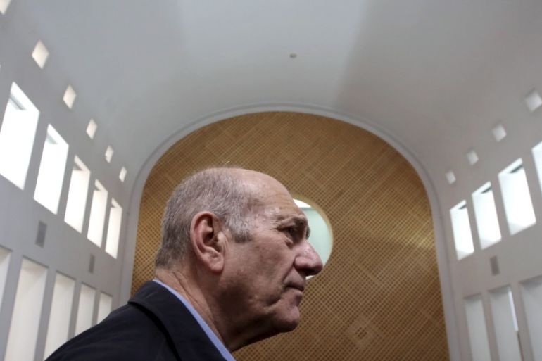 Former Israeli Prime Minister Ehud Olmert is seen in the courtroom as he waits for the judges at the Supreme Court in Jerusalem