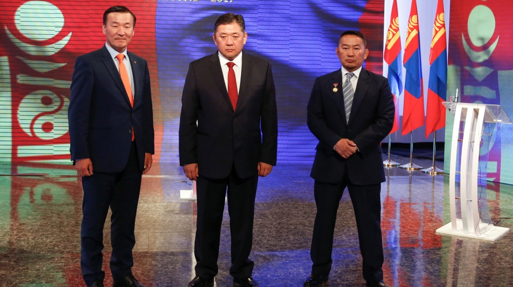 Left to Right: Sainkhuu Ganbaatar of MPRP, Mieygombo Enkhbold MPP, and Khaltmaa Battulga of the Democratic Party [Reuters]