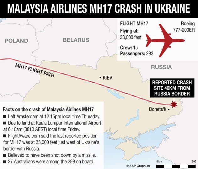Malaysian Airlines flight MH17 lost contact with air traffic control less than three hours into the flight and crashed about 40 kilometres from the border with Russia [Cassandra Ede/EPA]