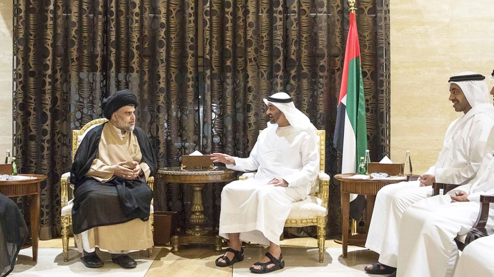 Sadr was welcomed in Abu Dhabi by the UAE's crown prince and other officials on Sunday [AFP]