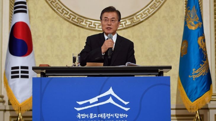 South Korean President Moon Jae-In speaks during a press conference