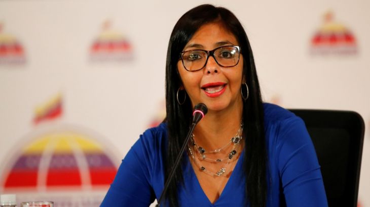 Delcy Rodriguez, President of the National Constituent Assembly talks to the media during a news conference in Caracas