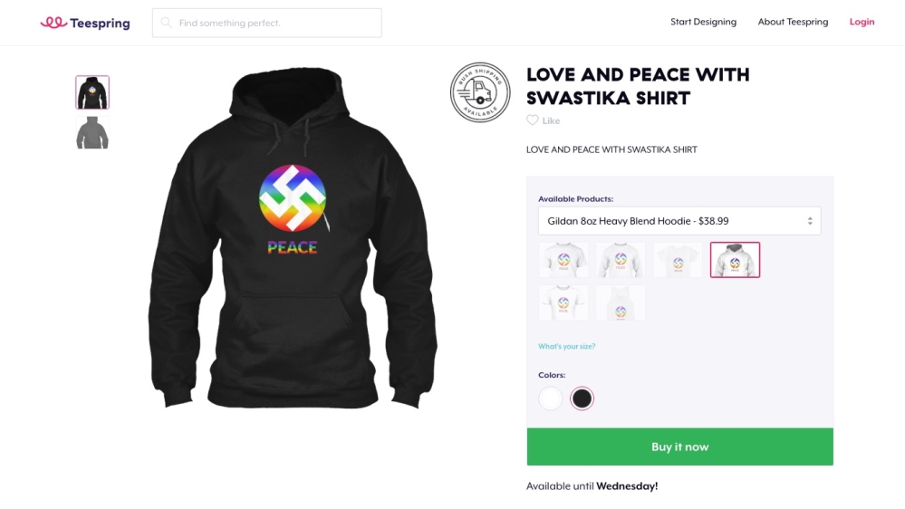 Teespring halted sales of the controversial clothing line bearing the Swastika after a hail of criticism [Screenshot:Teespring] 