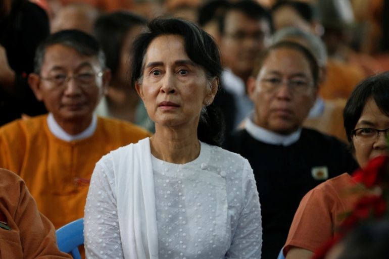 Myanmar State Counselor Aung San Suu Kyi attends the funeral ceremony of Aung Shwe, former chairman of NLD party, in Yangon