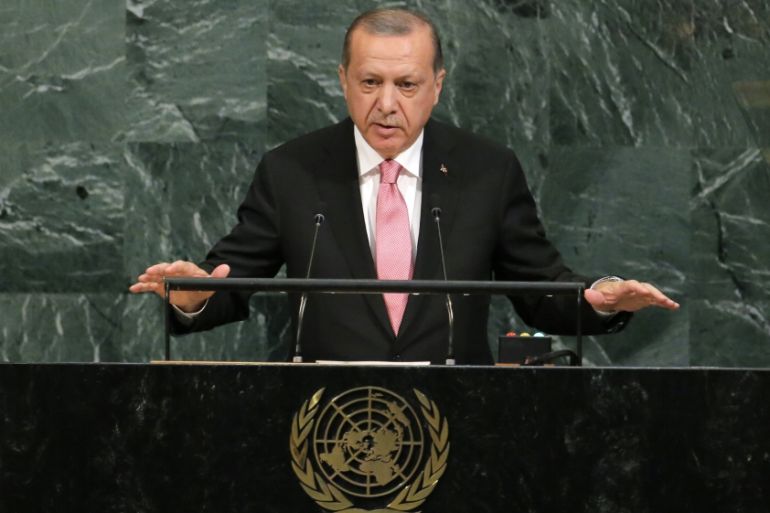 Turkish President Erdogan addresses the 72nd United Nations General Assembly at U.N. headquarters in New York