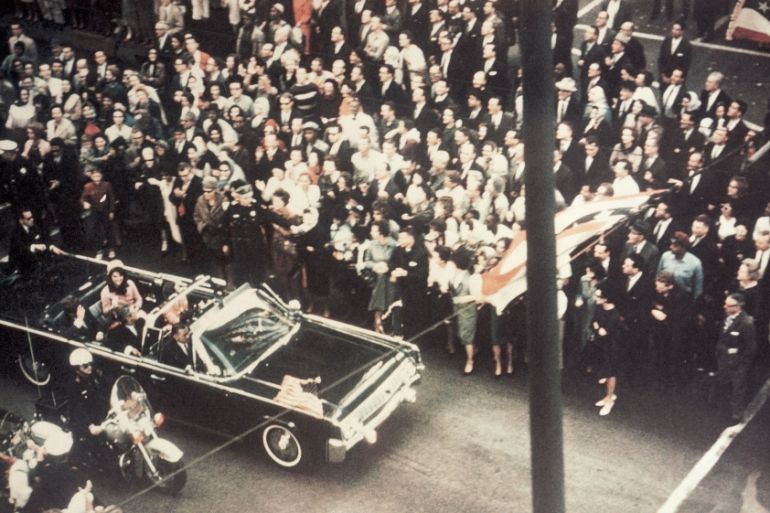 President John F. Kennedy, First Lady Jacqueline Kennedy, and Texas Governor John Connally ride through the streets of Dallas, Texas prior to the assassination on November 22, 1963. Included as an exh