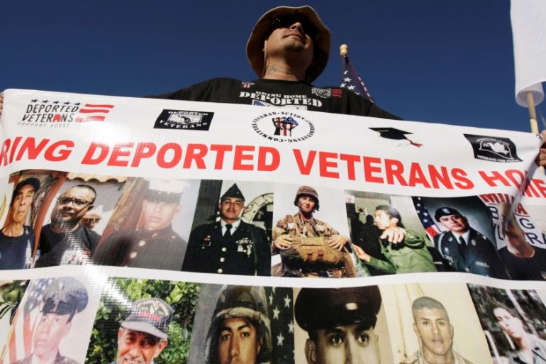 Mexican veteran soldier Icon protests at the border between the U.S. and Mexico during Veterans Day in Ciudad Juarez
