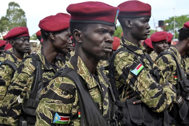 A soldier from South Sudan''s Republican Guard Division, also known as the presidential guard and the Tiger Division, attends a ceremony marking the 34th anniversary of the Sudan People''s Liberation