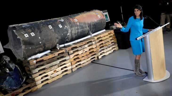 U.S. Ambassador to the United Nations Nikki Haley briefs the media in front of remains of Iranian "Qiam" ballistic missile