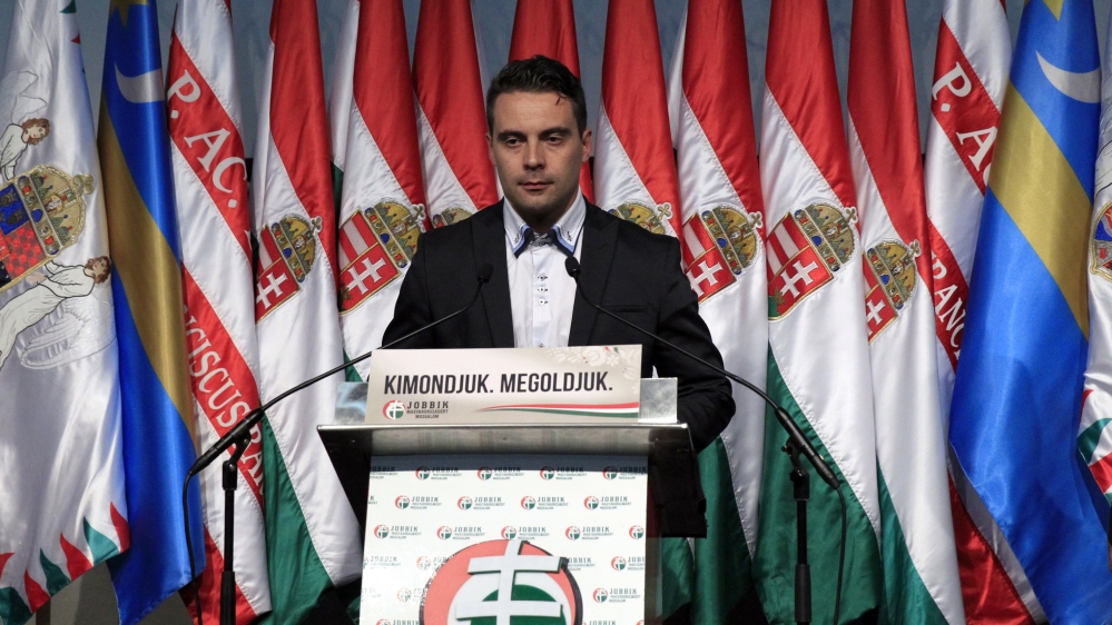 Jobbik spokesperson Gabor Vona addresses reporters [Bernadett Szabo/Reuters]