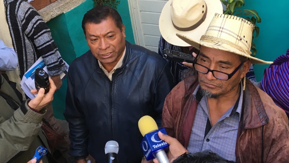 Antonio Perez Gomez and Domingo Díaz Perez speak about the crisis with local journalists after a press conference in San Cristobal, Chiapas [Katie Schlechter/Al Jazeera]