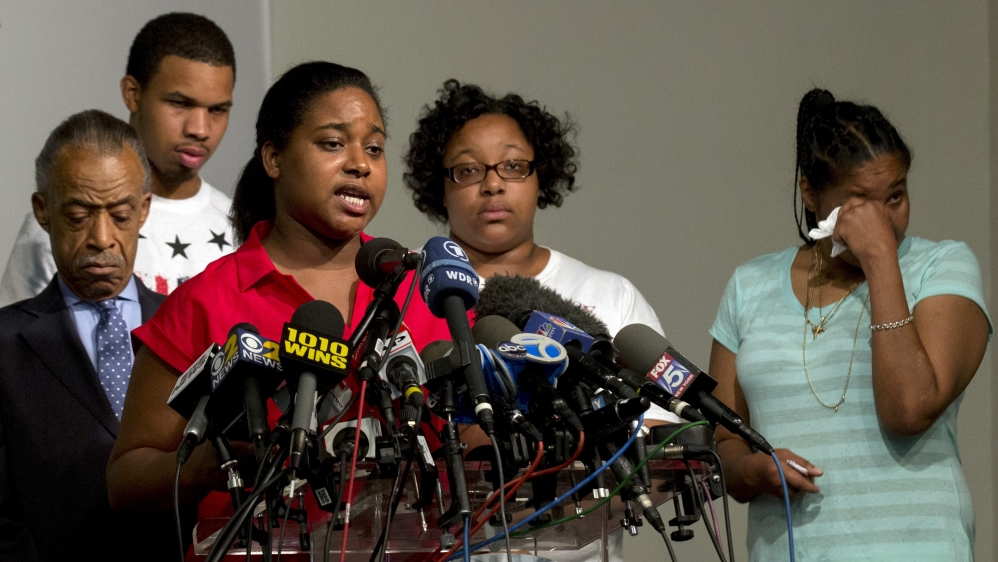 Erica Garner, daughter of Eric Garner, speaks during a news conference at the National Action Network in New York July 14 [File: Brendan McDermid/Reuters]