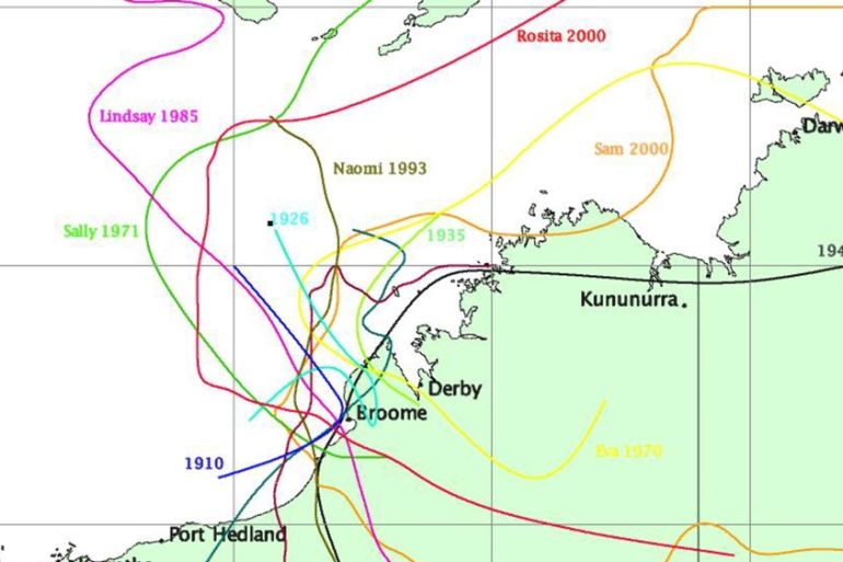 Cyclone track history over Kimberley and Pilbara, Western Australia